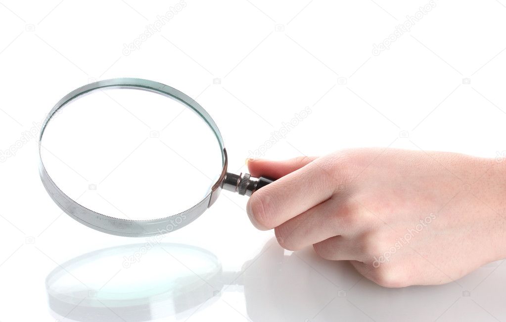 Magnifying glass in hand and fingerprint isolated on white
