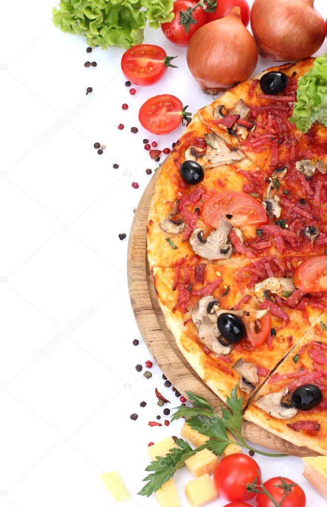 Delicious pizza, vegetables and salami isolated on white
