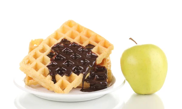 Tasty waffles with chocolate on plate isolated on white — Stock Photo, Image