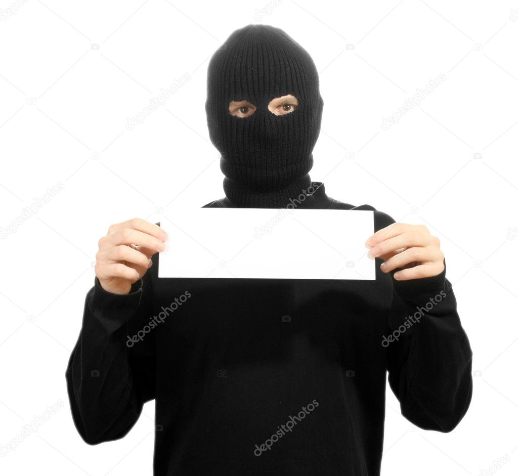 Bandit in black mask with blank card isolated on white
