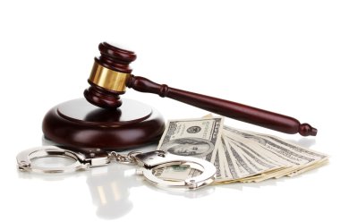 Dollar banknotes, handcuffs and judge's gavel isolated on white clipart