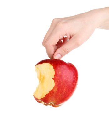 elinde beyaz izole kırmızı ısırıldı elma