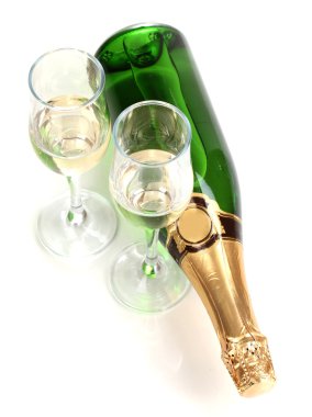 Bottle of champagne and goblets isolated on white clipart