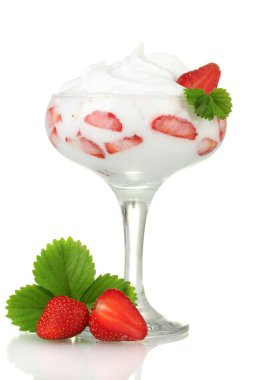 Glass of ripe strawberries with cream isolated on white clipart