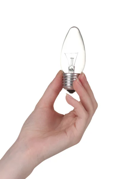 Braço segurando lâmpada isolada em branco — Fotografia de Stock