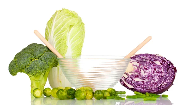 Glass bowl with cabbages and broccoli isolated on white — Stock Photo, Image