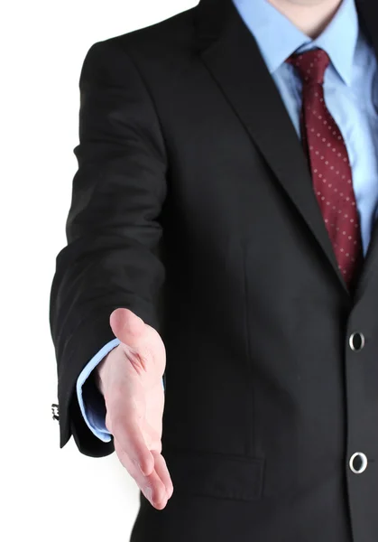 Uomo d'affari che dà la mano per una stretta di mano isolata su bianco — Foto Stock