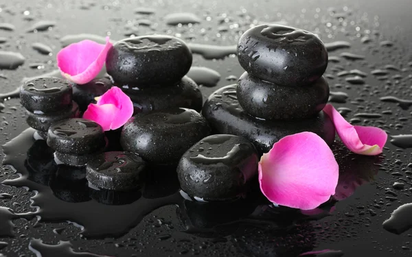 Wellness-Steine mit Tropfen und Rosenblättern auf grauem Hintergrund — Stockfoto