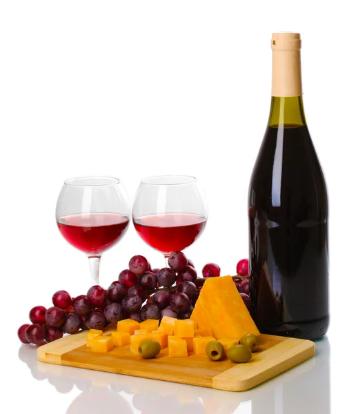 와인잔과 치즈 흰색 절연 좋은 와인 한 병 — 스톡 사진