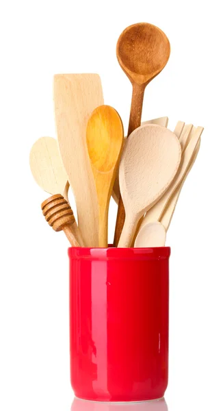 Wooden kitchen utensils in cup isolated on white — Stock Photo, Image