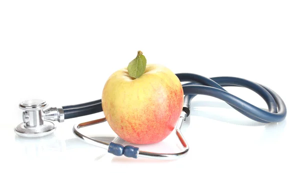 Medical stethoscope and apple isolated on white — Stock Photo, Image