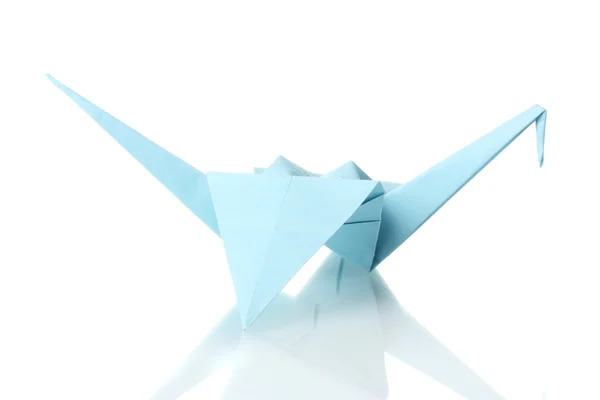 Origami crane out of the blue paper isolated on white — Stock Photo, Image