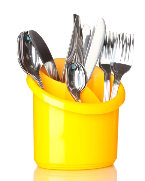 Mutfak bıçakları, bıçak, çatal ve kaşık üzerine beyaz izole sarı standı — Stok fotoğraf