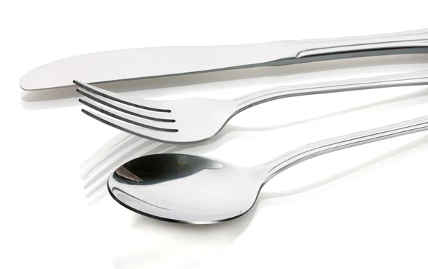 Forchetta e cucchiaio in argento, coltello isolato su bianco — Foto Stock