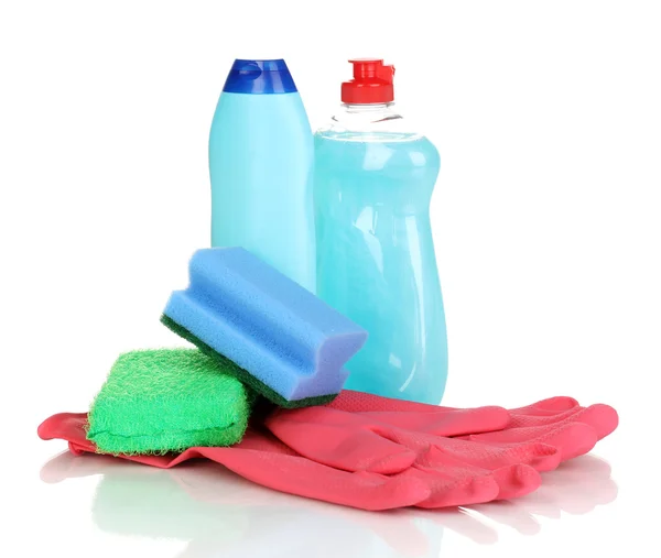 Dishwashing liquids with gloves and sponges isolated on white — Stock Photo, Image