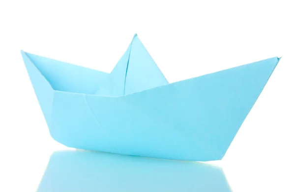 Origami üzerine beyaz izole mavi kağıt tekne — Stok fotoğraf