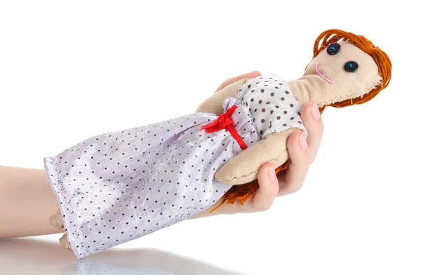 Voodoo panenku dívka v rukou žen izolovaných na bílém — Stock fotografie
