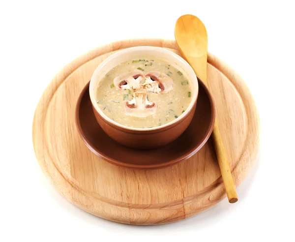 Ahşap yuvarlak kurulu üzerinde beyaz izole lezzetli çorba — Stok fotoğraf