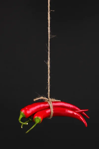 Red hot chili peppers tied with rope isolated on black — Stock Photo, Image