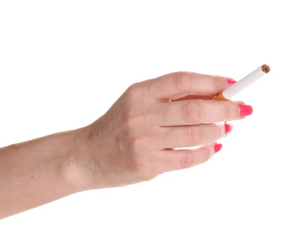 Сигарета в женской руке, изолированная на белом — стоковое фото