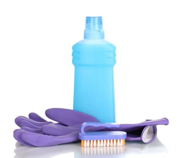 Detergente con spazzola e guanti isolati su bianco — Foto Stock