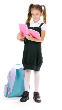 Portrait of beautiful little girl in school uniform with backpack and noteb clipart