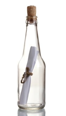 Glass bottle with note inside isolated on white clipart