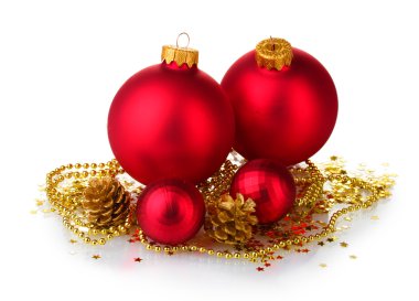Beautiful red Christmas balls and cones isolated on white clipart