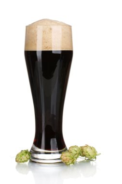 Dark beer in a glass and green hop isolated on white clipart