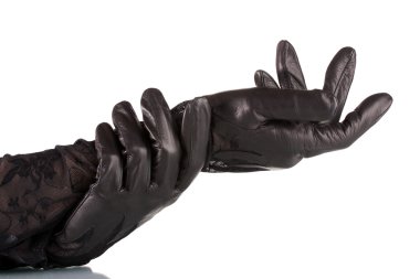 Women's hands in black leather gloves isolated on white clipart