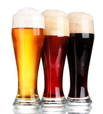 Three glasses with different beers isolated on white clipart