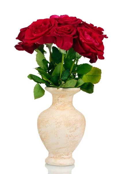 Hermosas rosas rojas en un jarrón aislado en blanco — Foto de Stock