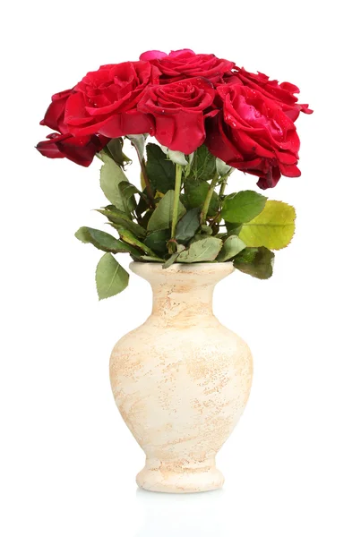 Beautiful red roses in a vase isolated on white — Stock Photo, Image