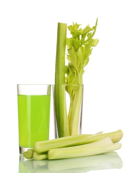 Stock image Fresh green celery in a glass and juice isolated on white