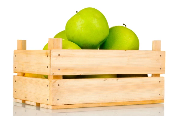 Juicy green apples in a wooden crate isolated on white — Stock Photo, Image