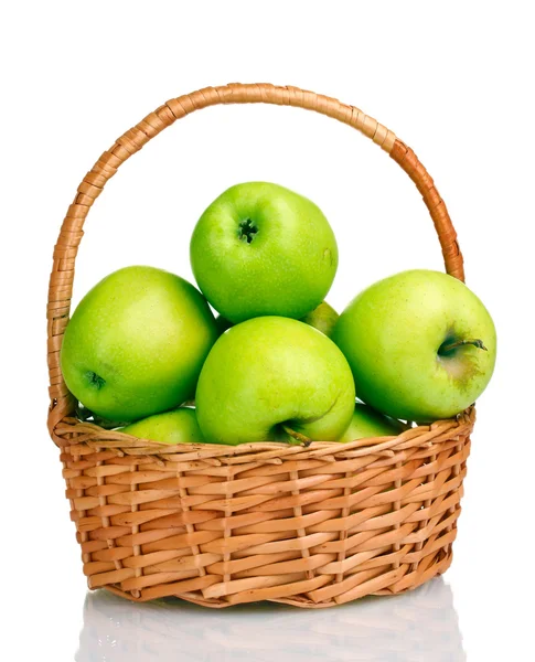 Juicy green apples in the basket isolated on white — Stock Photo, Image
