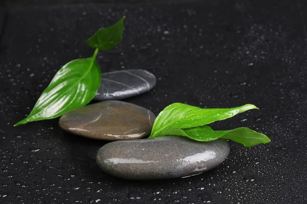 Wellness-Steine mit Wassertropfen und Blättern auf schwarzem Hintergrund — Stockfoto