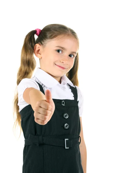 Hermosa niña en uniforme escolar aislado en blanco —  Fotos de Stock