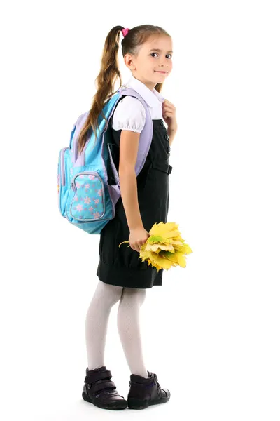 Szép kislány az iskola egységes a hátizsák és őszi portréja — Stock Fotó