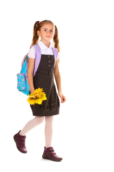 Portrait de belle petite fille en uniforme scolaire avec sac à dos et autum — Photo