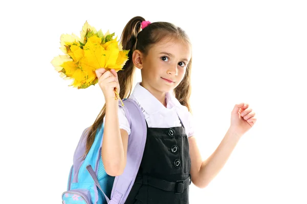 Portrait of beautiful little girl in school uniform with backpack and autum — Stock Photo, Image