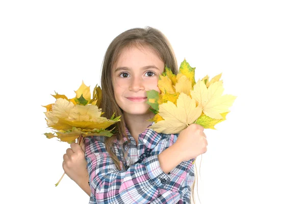 Όμορφο μικρό κορίτσι και κίτρινα φύλλα σφενδάμου απομονωθεί σε λευκό — Φωτογραφία Αρχείου