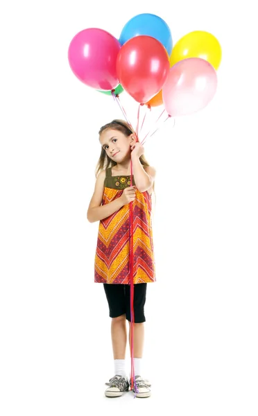 Beautiful little girl and bright balloons isolated on white — Stock Photo, Image
