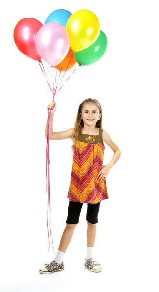 Hermosa niña y globos brillantes aislados en blanco — Foto de Stock