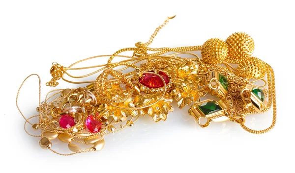 Διάφορα χρυσά κοσμήματα που απομονώνονται σε λευκό — Φωτογραφία Αρχείου