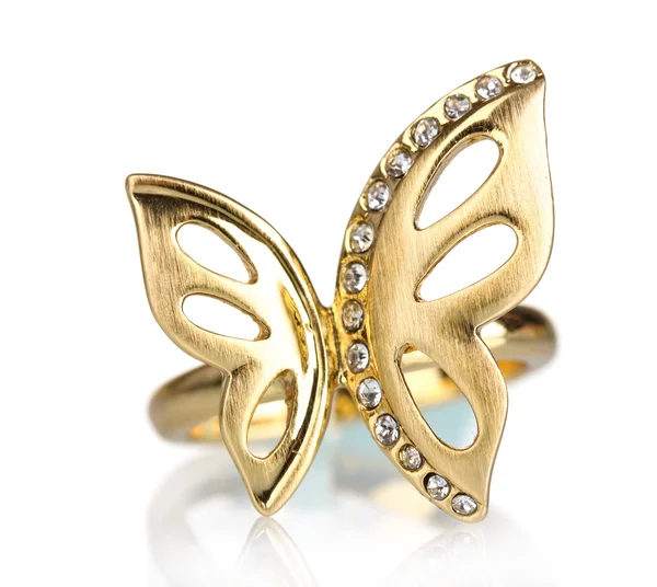 Hermoso anillo de oro con piedras preciosas aisladas en blanco —  Fotos de Stock