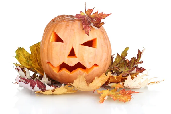 Calabaza de Halloween y hojas de otoño aisladas en blanco — Foto de Stock