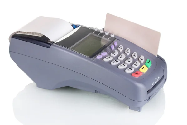 Terminal banka ve kredi kartı üzerinde beyaz izole — Stok fotoğraf