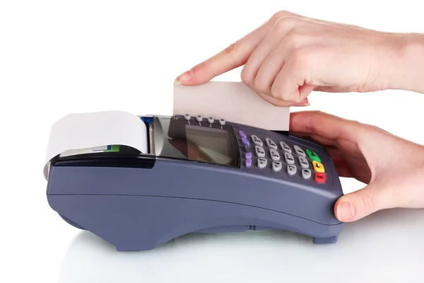 Terminal bancário e processamento de cartão de crédito isolado em branco — Fotografia de Stock