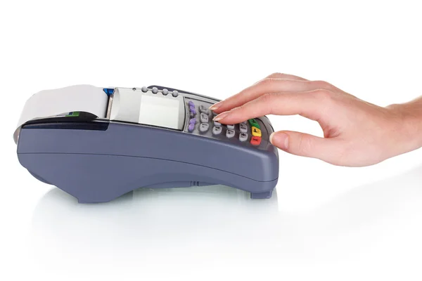 Bank terminal en hand geïsoleerd op wit — Stockfoto